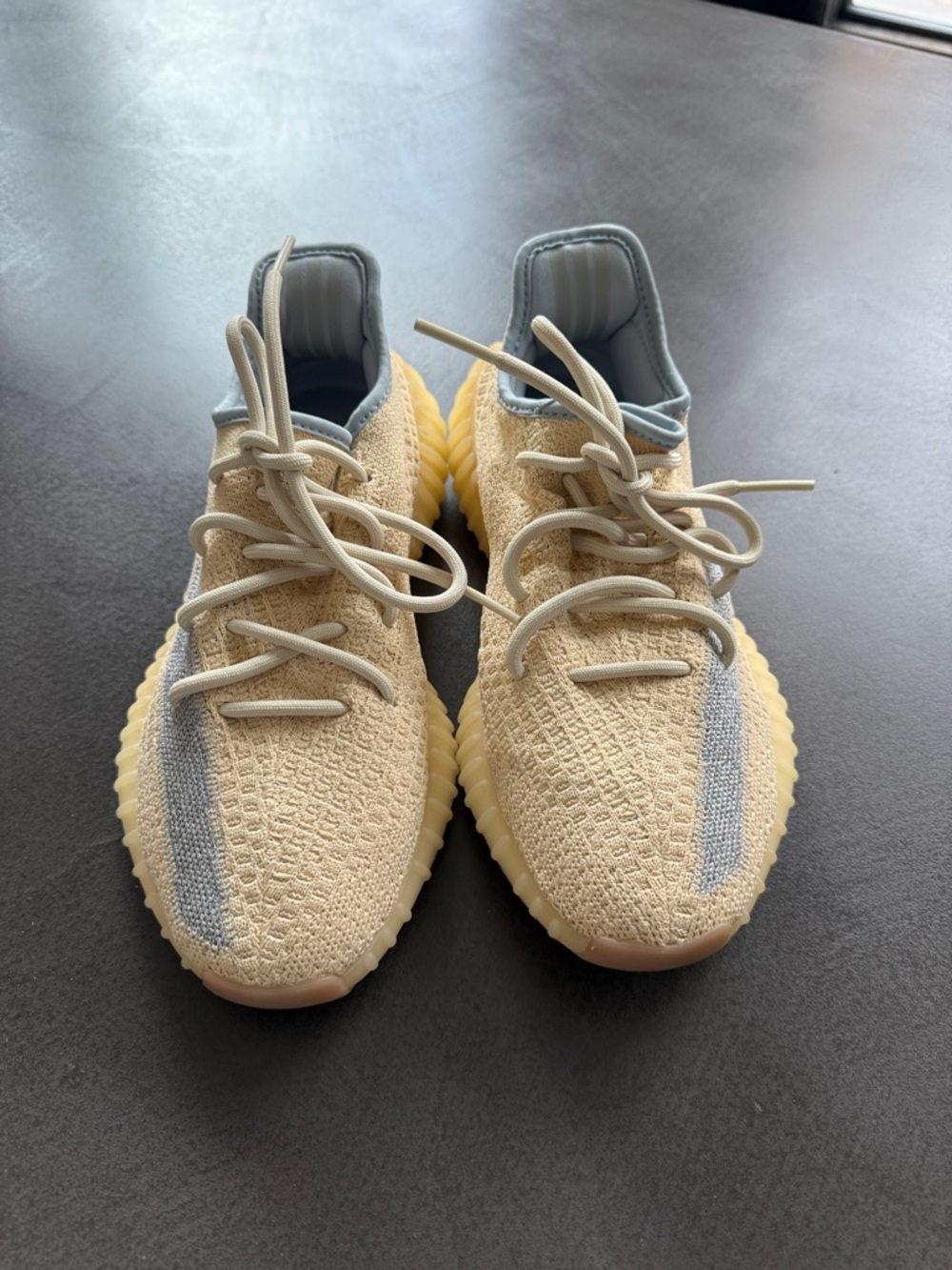 Yeezy 350 Neutral Beige Knit Sneakers with Light Blue Accents